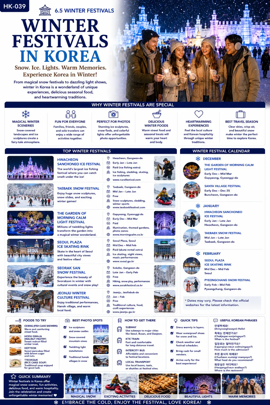 Winter festivals in Korea infographic — why winter festivals are special, top winter festivals, winter festival calendar, foods to try, best photo spots, how to get there and quick tips