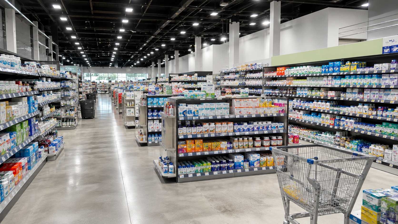 Spacious suburban pharmacy interior with shopping carts