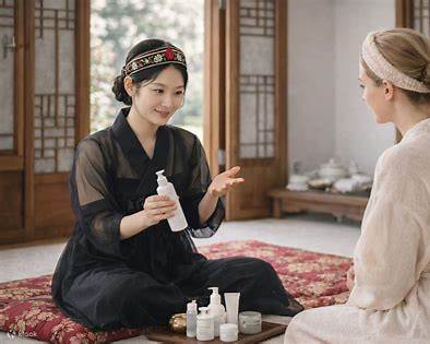 Therapist in modernized hanbok-style clothing explaining Korean skincare products to an international visitor seated on a traditional patterned floor mat inside a hanok room