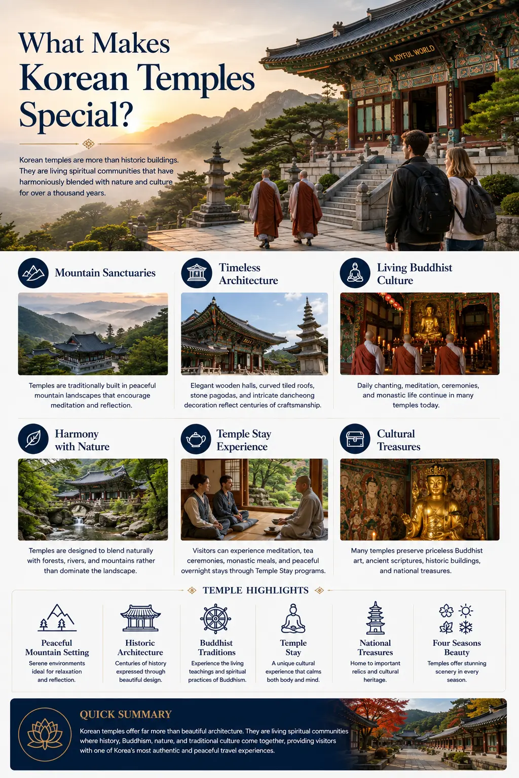 What makes Korean temples special infographic — mountain sanctuaries, timeless architecture, living Buddhist culture, harmony with nature, temple stay and cultural treasures