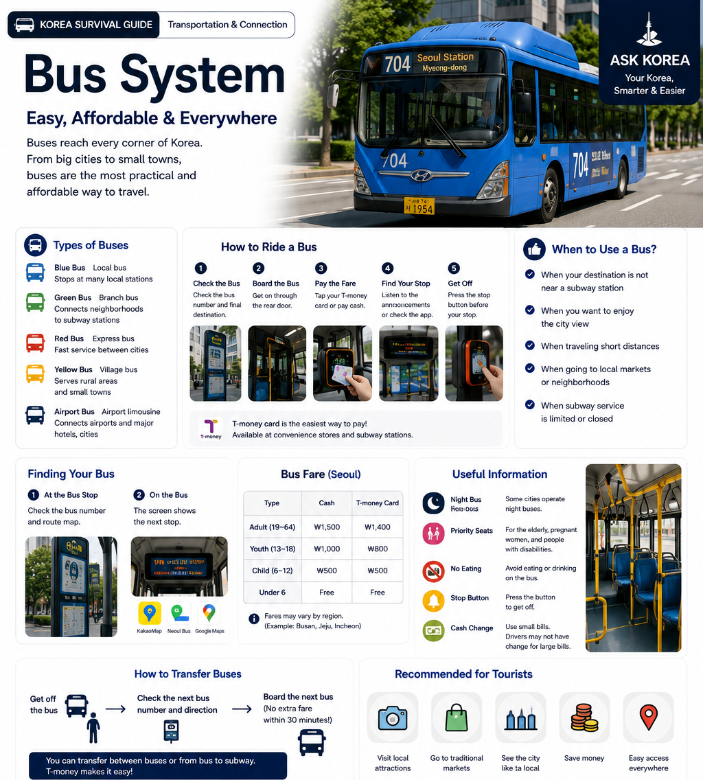 Bus System — ASK KOREA infographic on riding Korean city buses, including bus colors, boarding steps, and the tap-in/tap-out system.