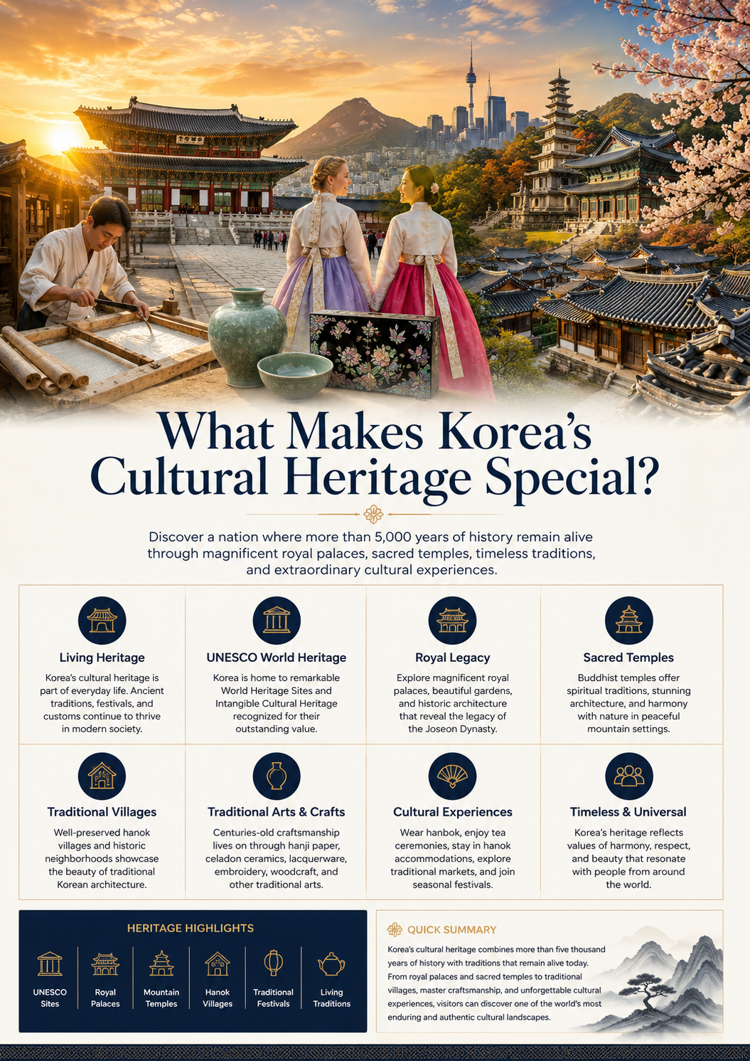 What makes Korea's cultural heritage special infographic — living heritage, UNESCO World Heritage, royal legacy, sacred temples, traditional villages, arts and crafts, cultural experiences