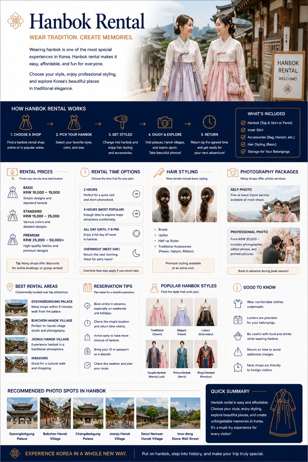 Hanbok rental infographic — how Hanbok rental works, what is included, rental prices, rental time options, hair styling, photography packages, best rental areas and reservation tips