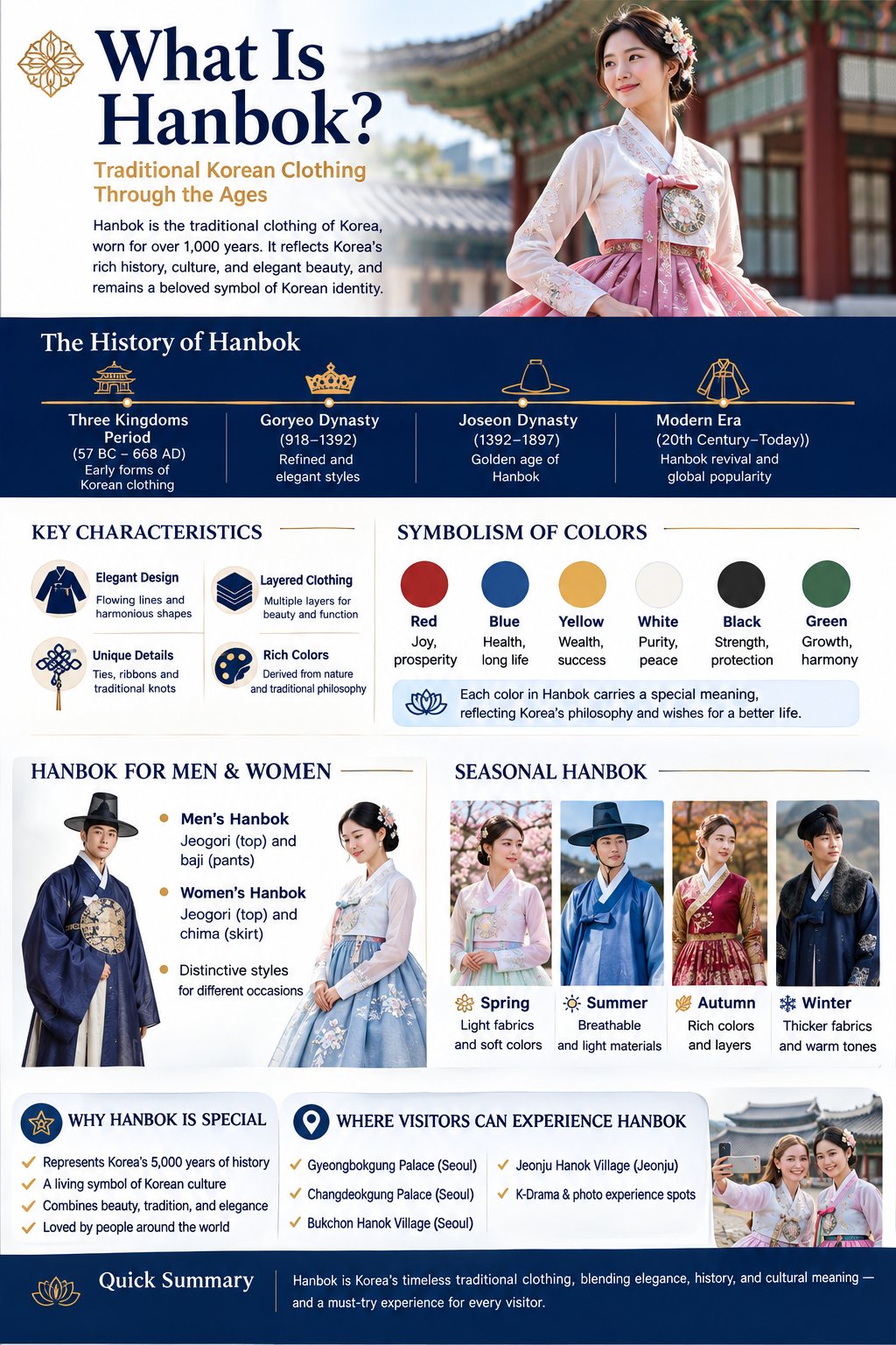 What is Hanbok infographic — the history of Hanbok, key characteristics, symbolism of colours, Hanbok for men and women, seasonal Hanbok and where visitors can experience Hanbok