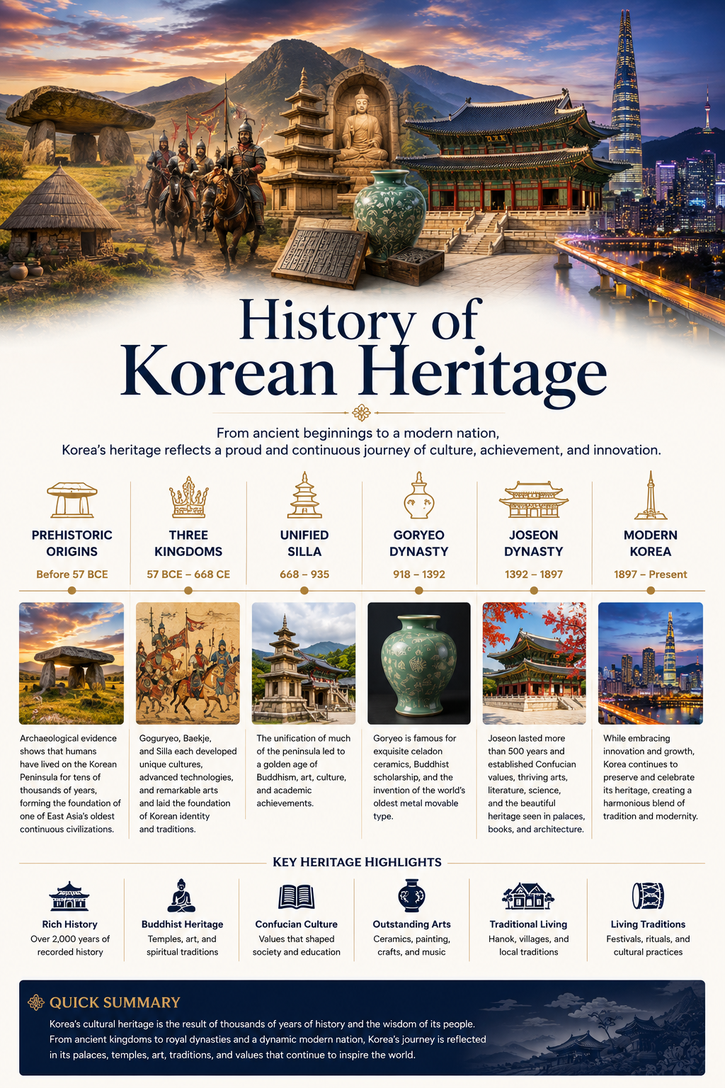 History of Korean heritage infographic — prehistoric origins, Three Kingdoms, Unified Silla, Goryeo Dynasty, Joseon Dynasty and modern Korea timeline
