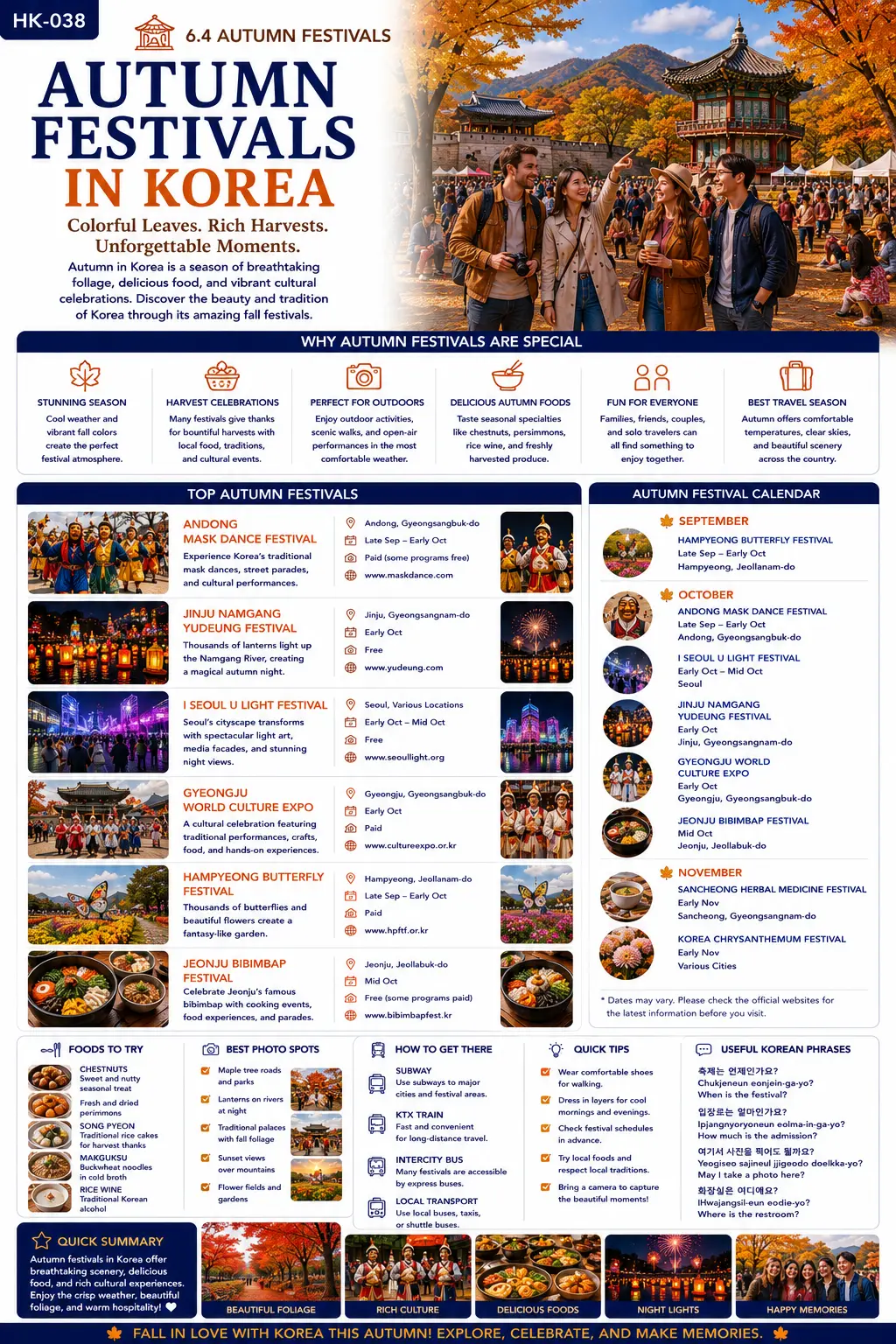 Autumn festivals in Korea infographic — why autumn festivals are special, top autumn festivals, autumn festival calendar, foods to try, best photo spots, how to get there and quick tips