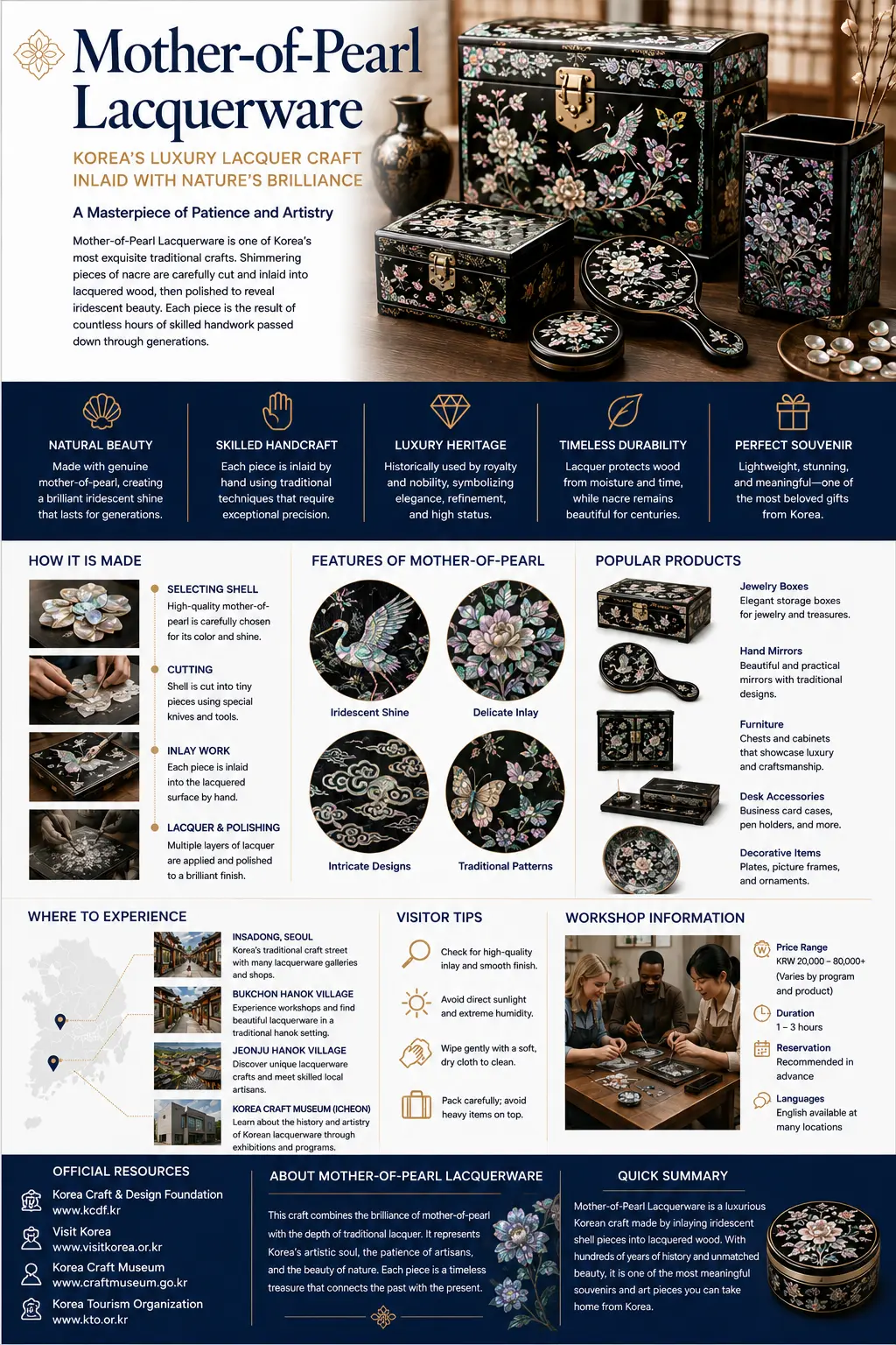 Mother-of-pearl lacquerware infographic — natural beauty, skilled handcraft, luxury heritage, how it is made, popular products, where to experience it and workshop information