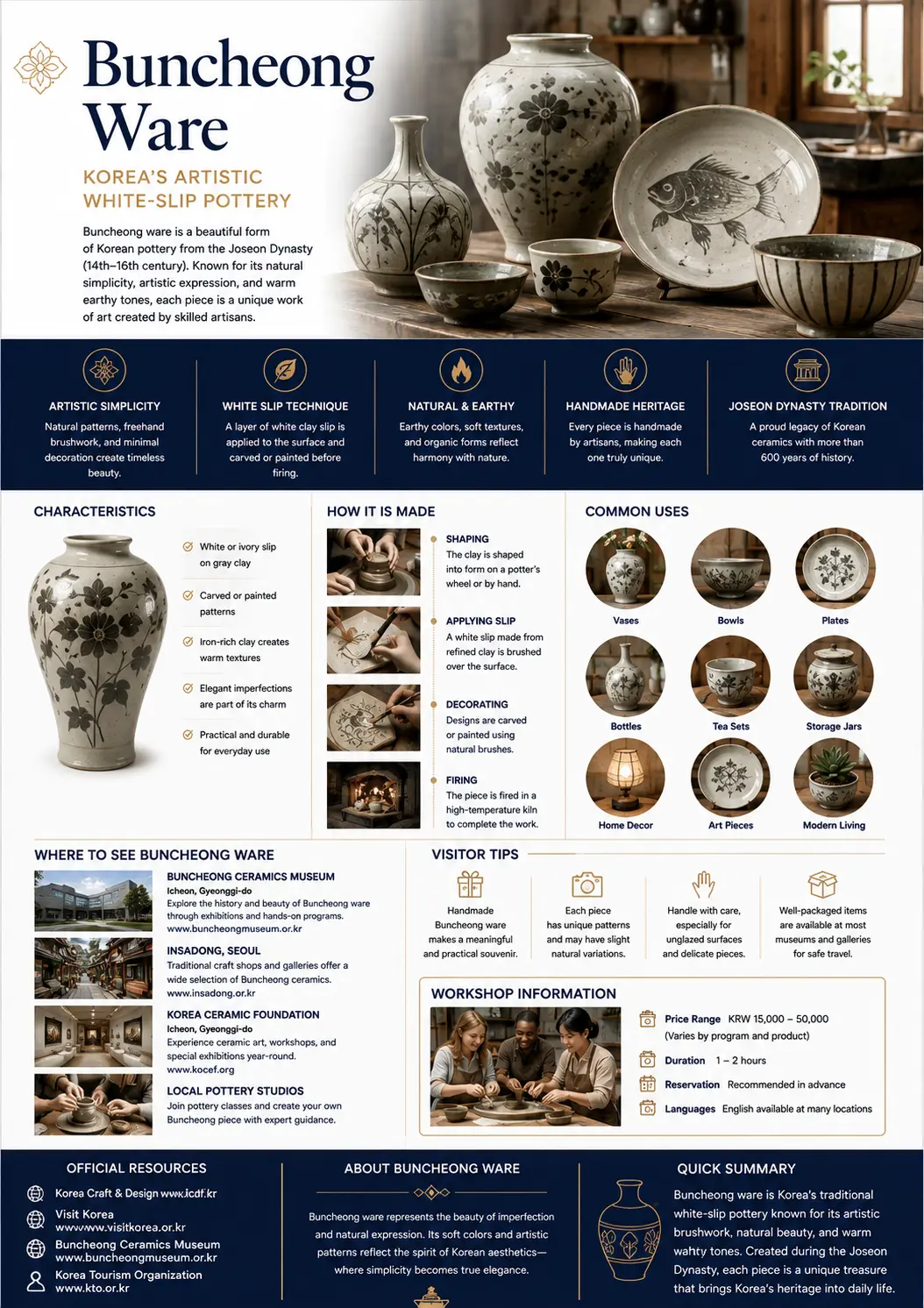 Buncheong ware infographic — artistic simplicity, white slip technique, natural and earthy character, how it is made, common uses, where to see Buncheong ware and workshop information