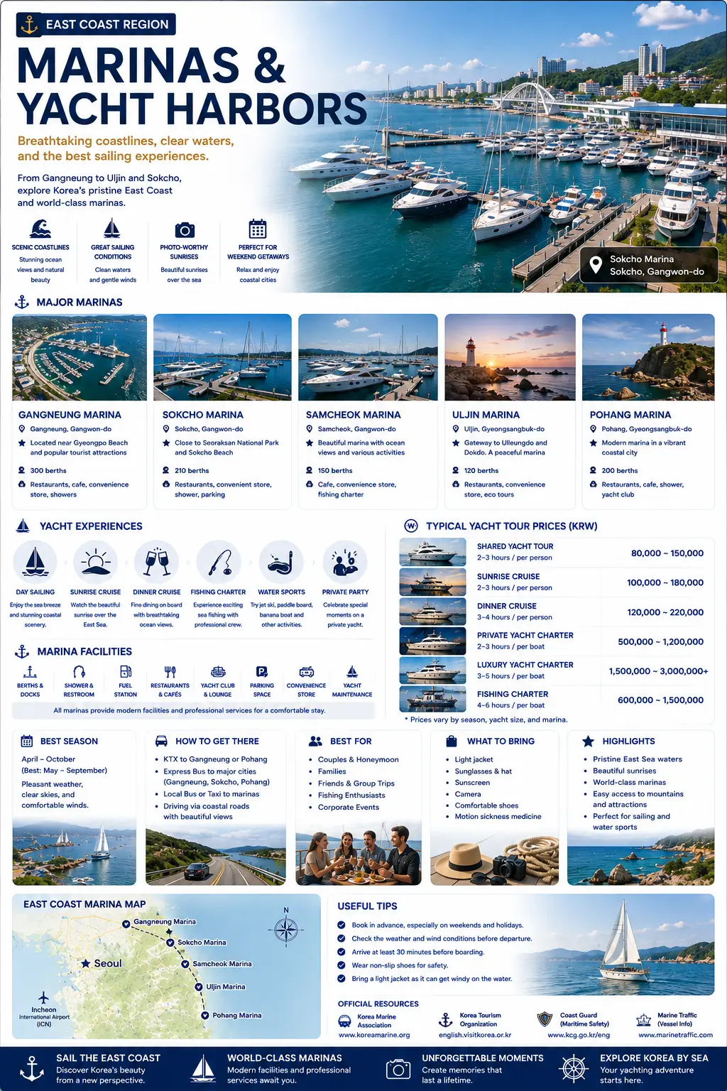 East coast region marinas infographic — Gangneung, Sokcho, Samcheok, Uljin and Pohang marinas with yacht experiences, prices, facilities and an east coast map