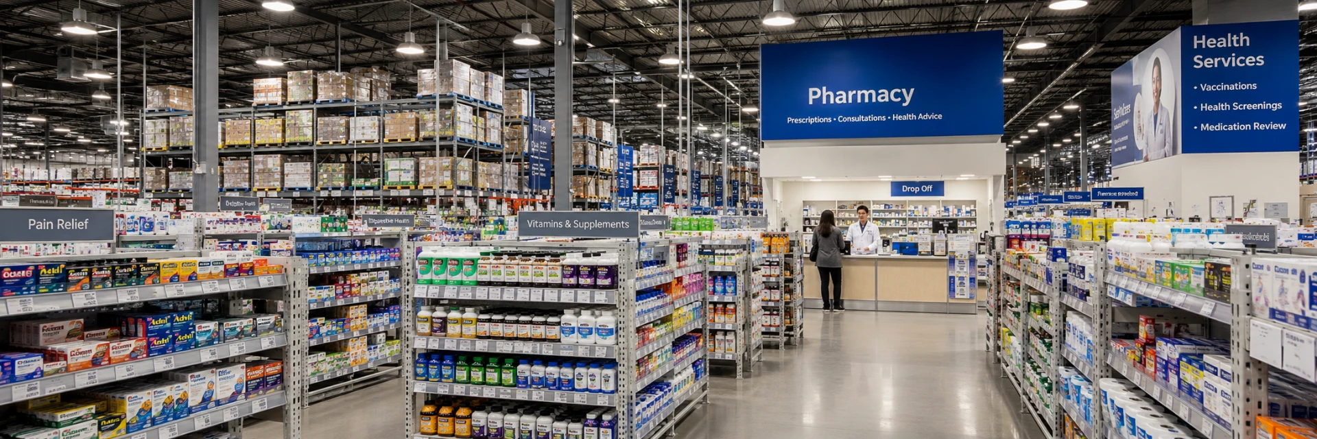 Long supplement and vitamin aisles in a warehouse-style pharmacy