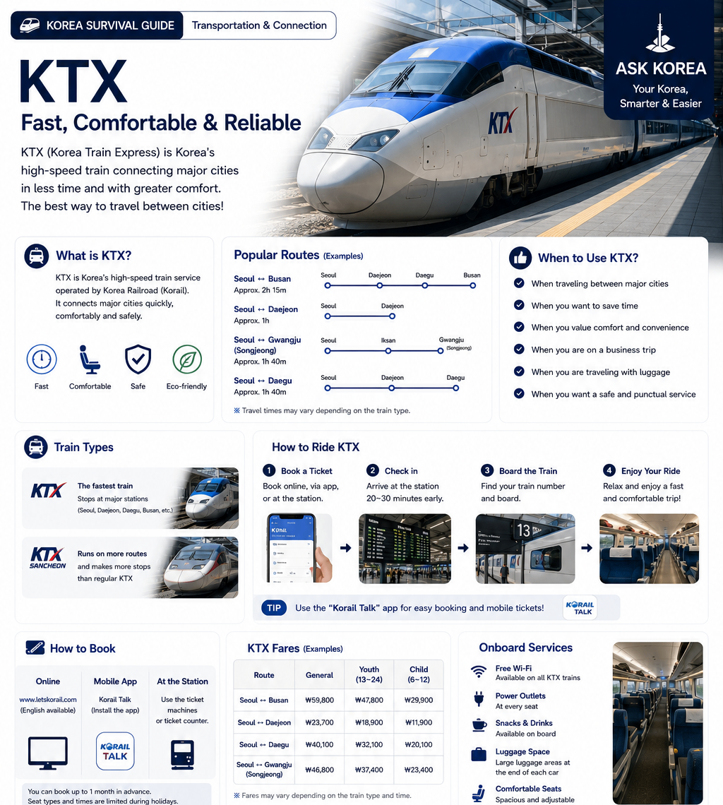 KTX — ASK KOREA infographic on Korea's high-speed rail, including ticket buying, reading tickets, boarding steps, and luggage.