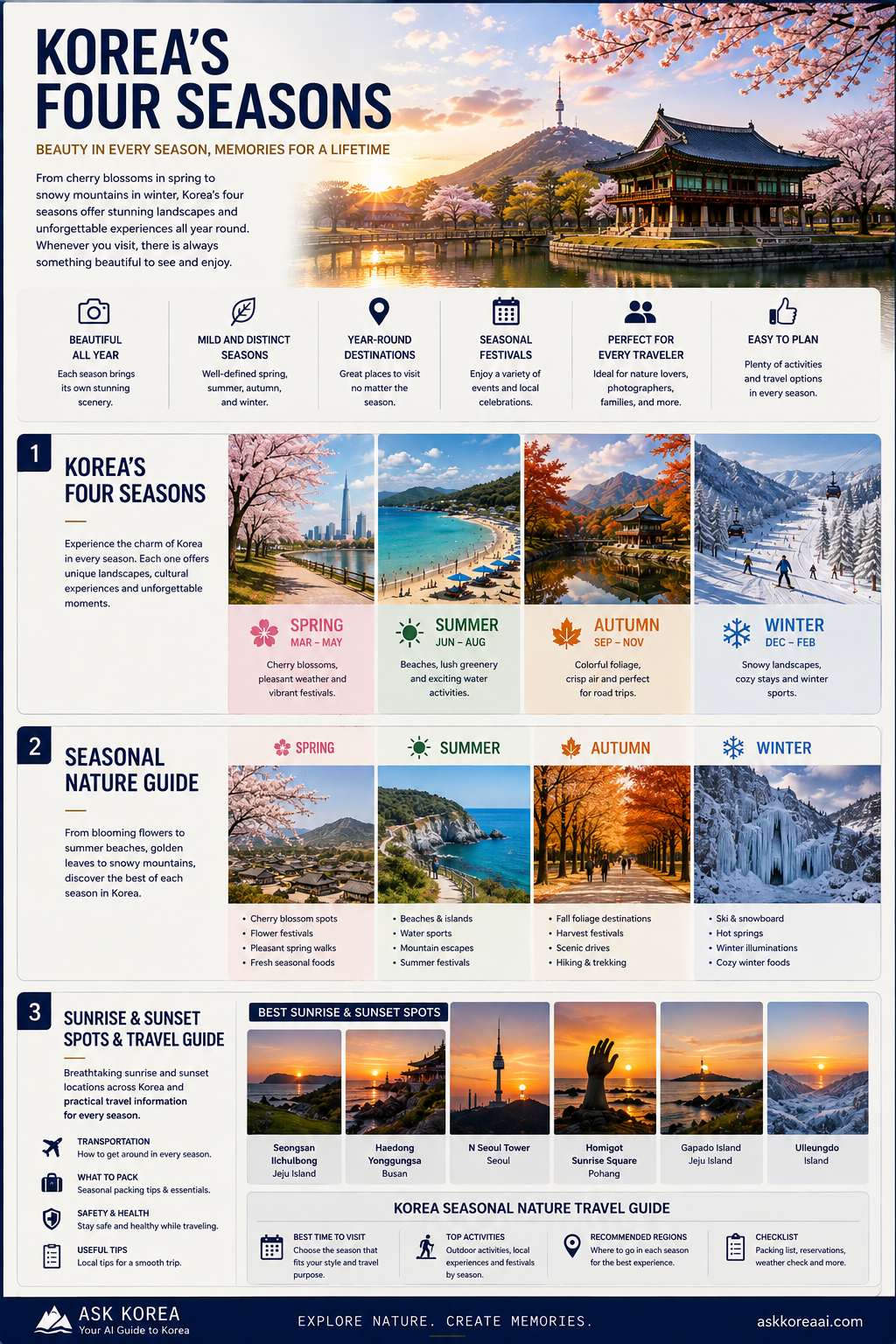 Korea sunrise, sunset and seasonal nature travel guide infographic — best sunrise and sunset spots plus season-by-season destinations, activities and travel tips