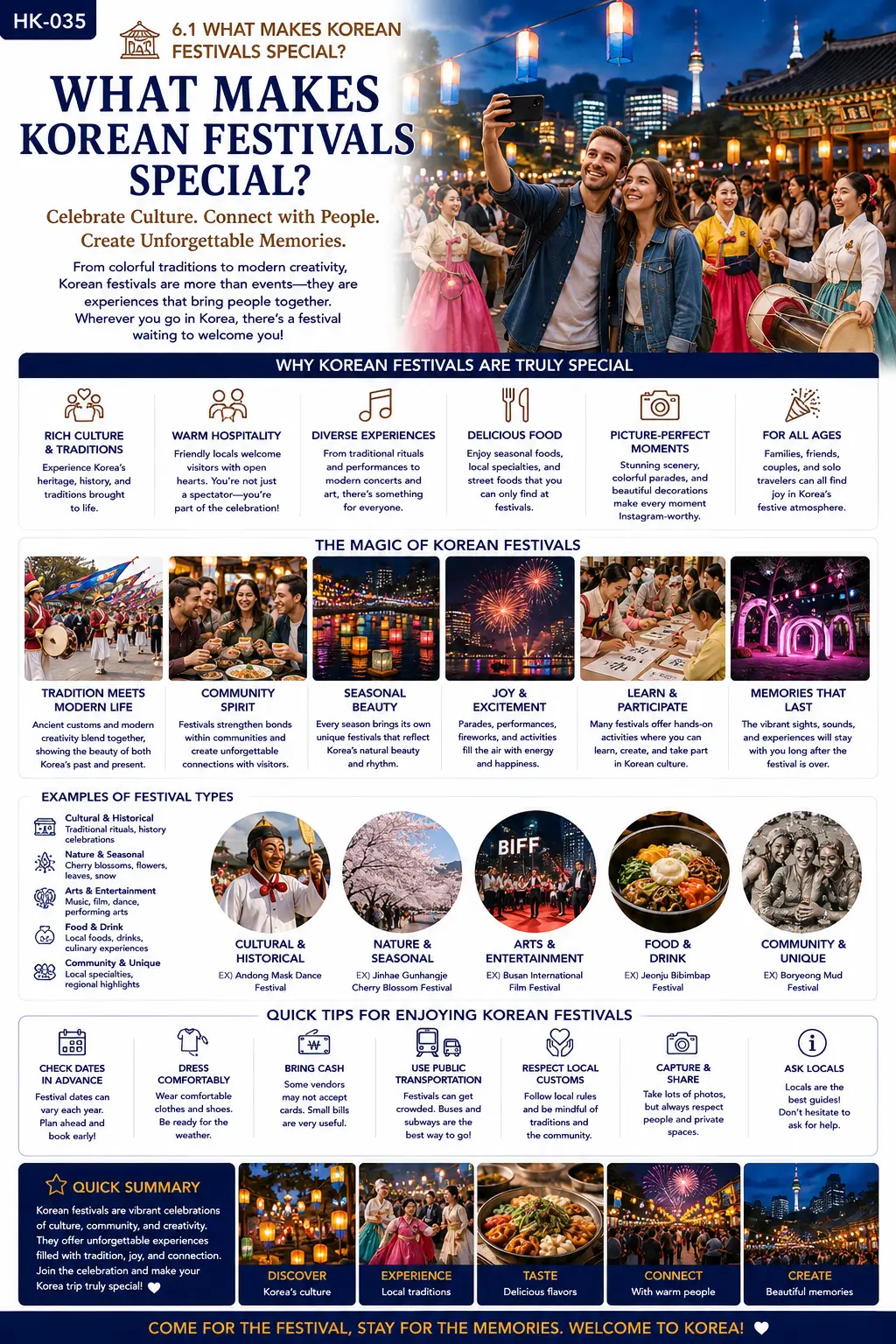 What makes Korean festivals special infographic — why Korean festivals are truly special, the magic of Korean festivals, examples of festival types and quick tips for enjoying Korean festivals