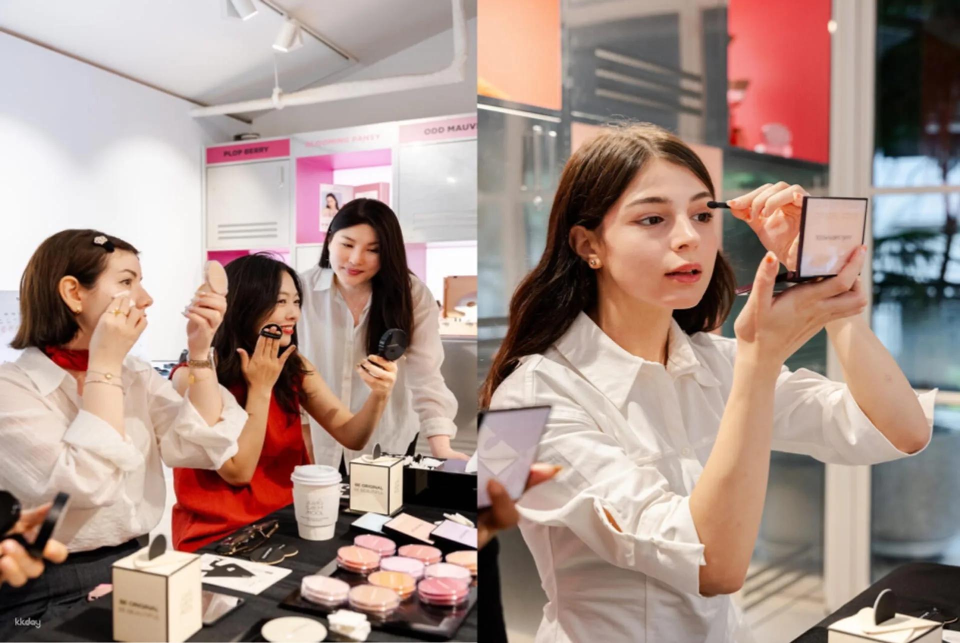 International visitors practising K-Beauty makeup at a Seoul makeup class
