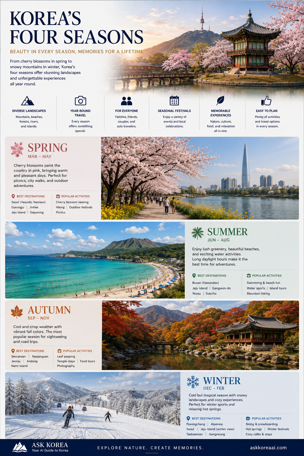 Korea seasonal nature infographic — spring, summer, autumn and winter with best destinations and popular activities for each season