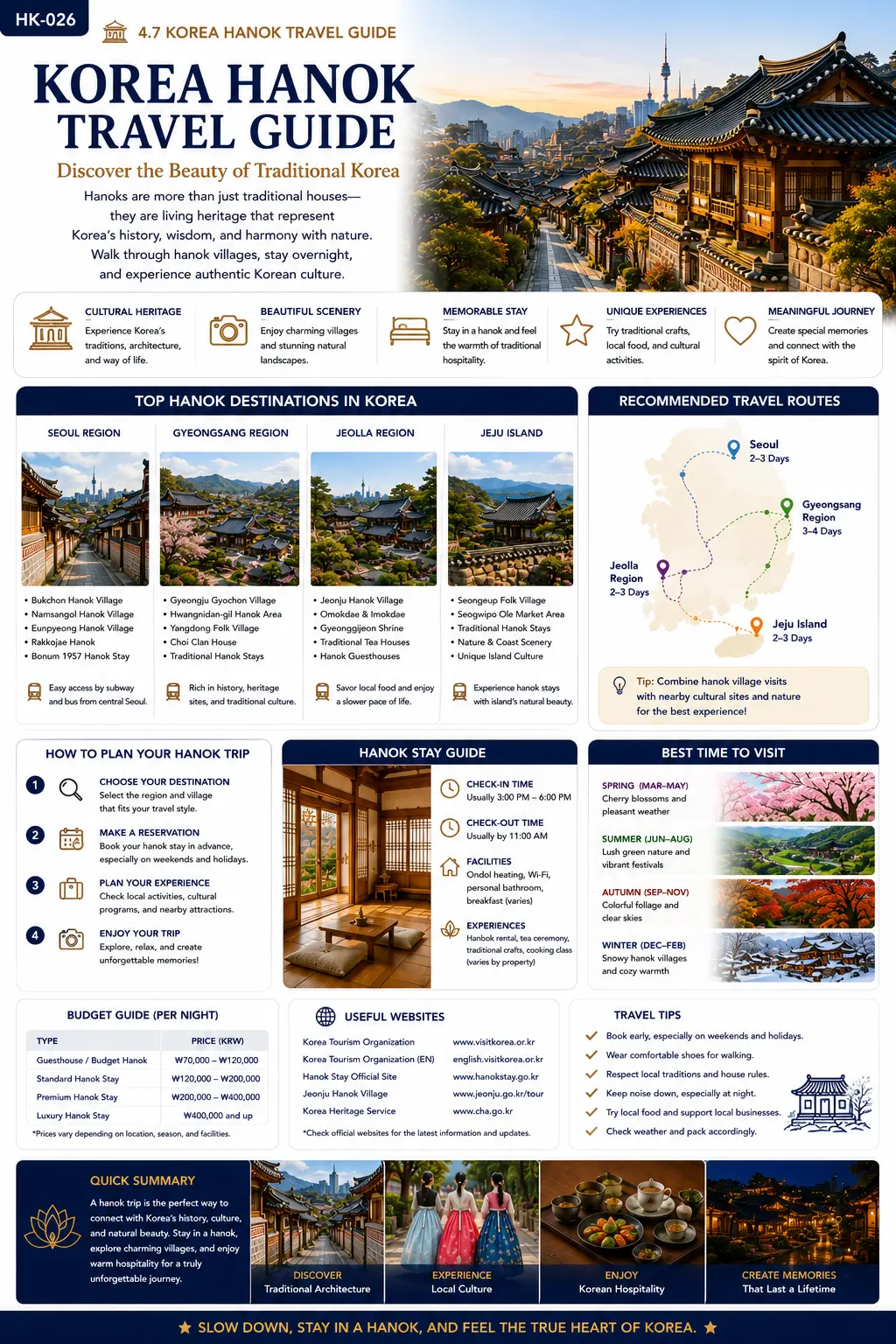 Korea Hanok travel guide infographic — top Hanok destinations, recommended travel routes, how to plan your Hanok trip, Hanok stay guide, best time to visit and budget guide