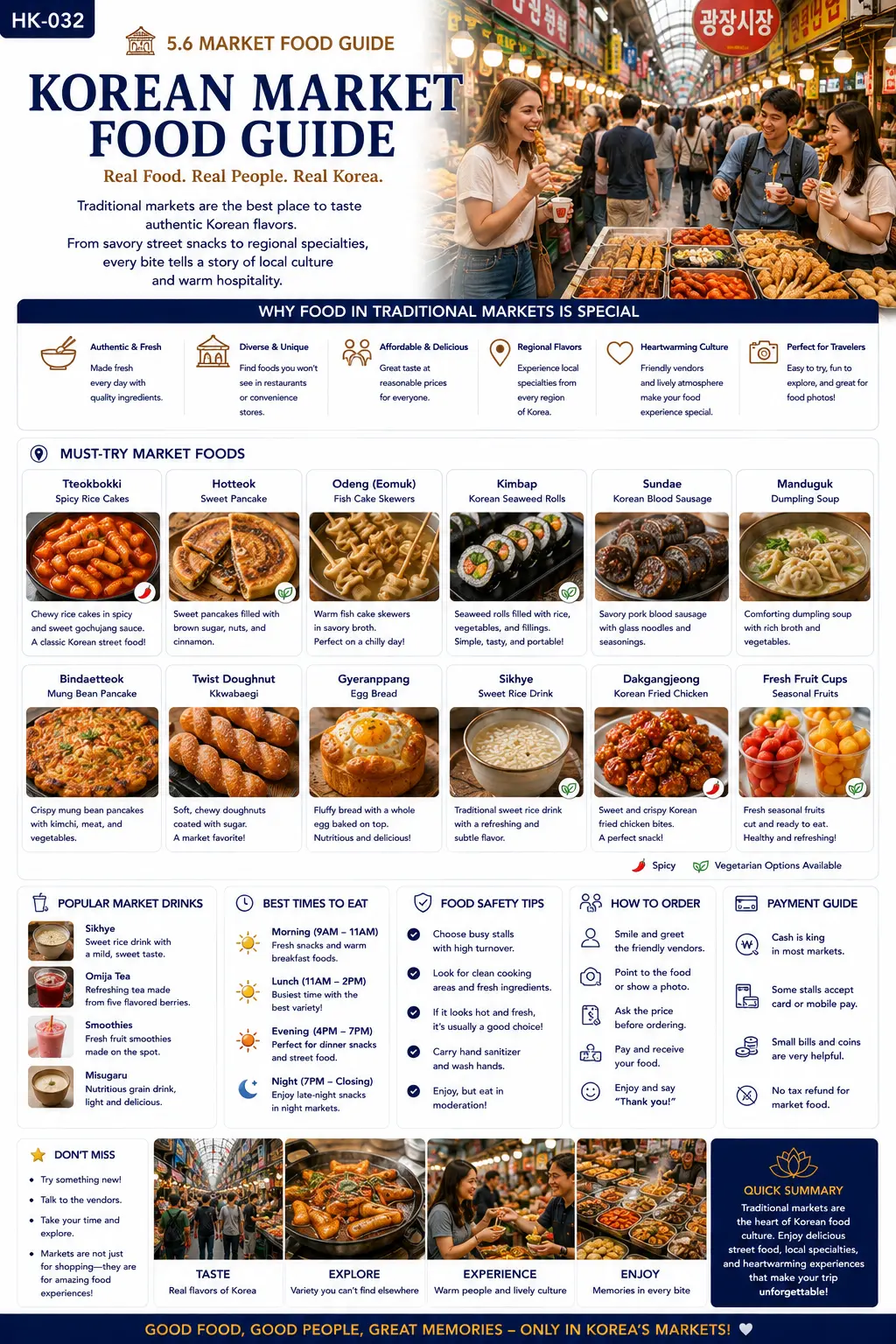 Korean market food guide infographic — why market food is special, must-try market foods, popular market drinks, best times to eat, food safety tips, how to order and payment guide