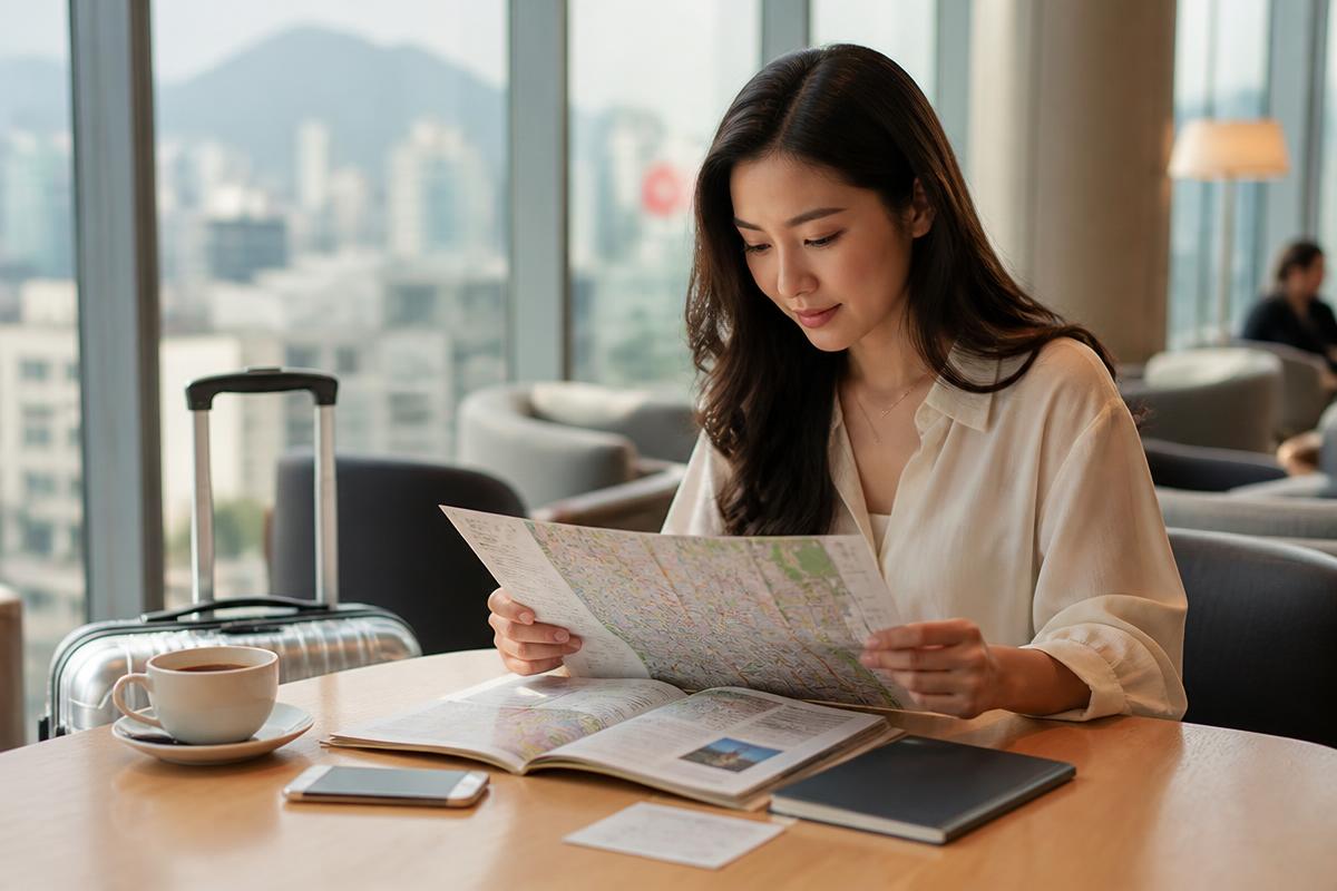 Traveller planning a Korea trip with a map and itinerary