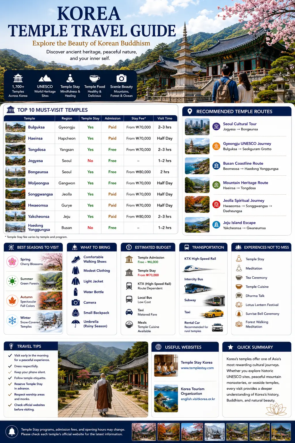 Korea temple travel guide infographic — top 10 must-visit temples, recommended temple routes, best seasons, what to bring, estimated budget and transportation
