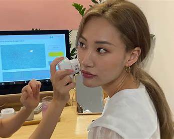 Skin measurement device held against the cheek while results appear on the screen behind
