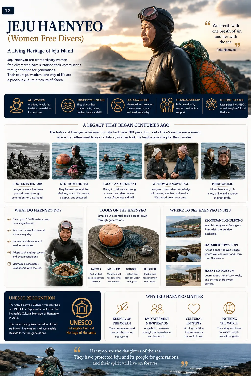 Jeju Haenyeo overview infographic — a living heritage of Jeju Island, what haenyeo do, tools of the haenyeo, where to see haenyeo in Jeju and why they matter