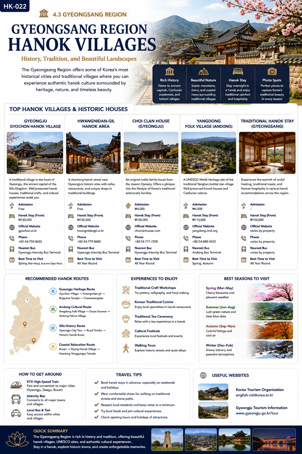 Gyeongsang Region Hanok villages infographic — top Hanok villages and historic houses, recommended Hanok routes, experiences to enjoy, best seasons and travel tips