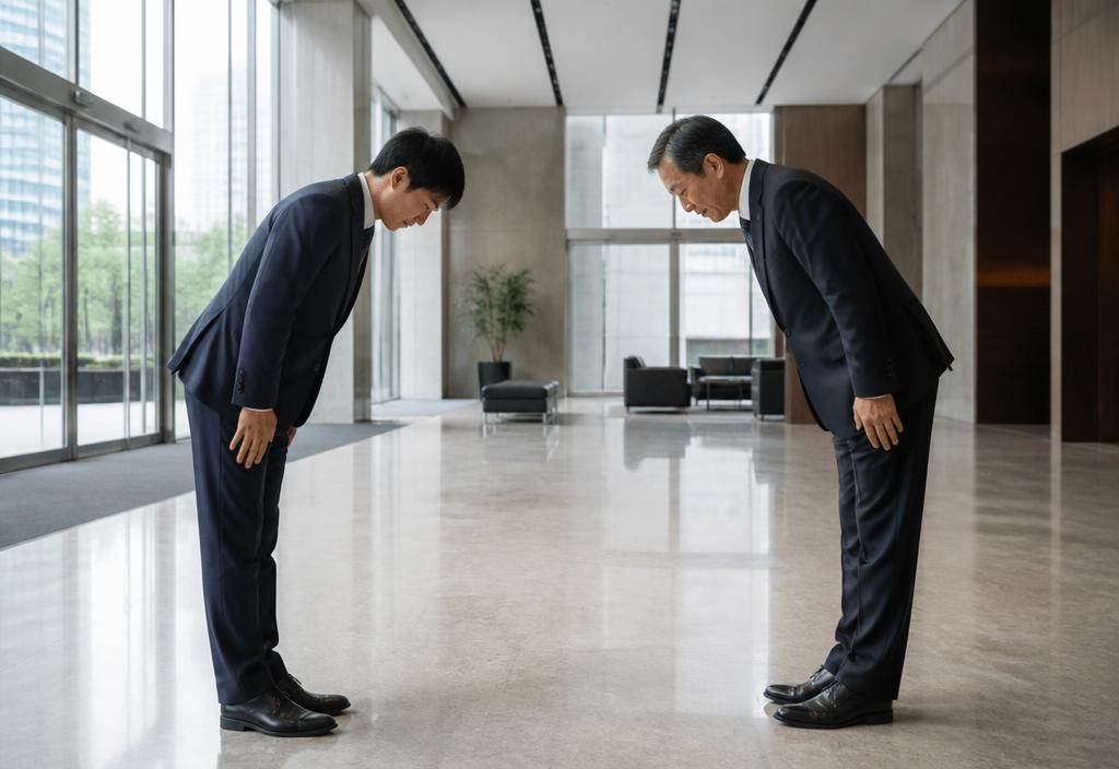 Two Korean colleagues of different ages exchanging a respectful bow in a modern Seoul office lobby.