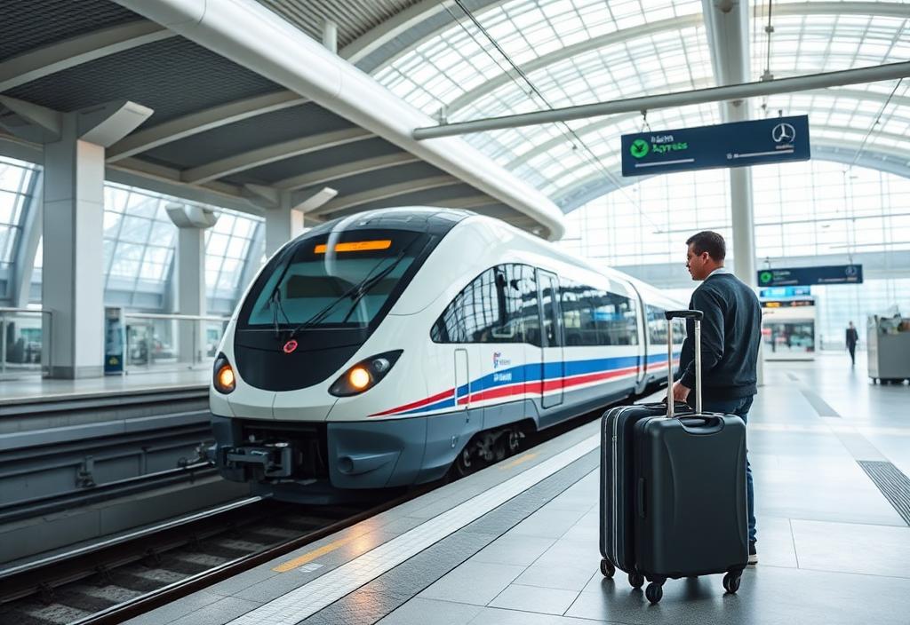 Airport express train at an Incheon airport platform with a traveler and suitcase.