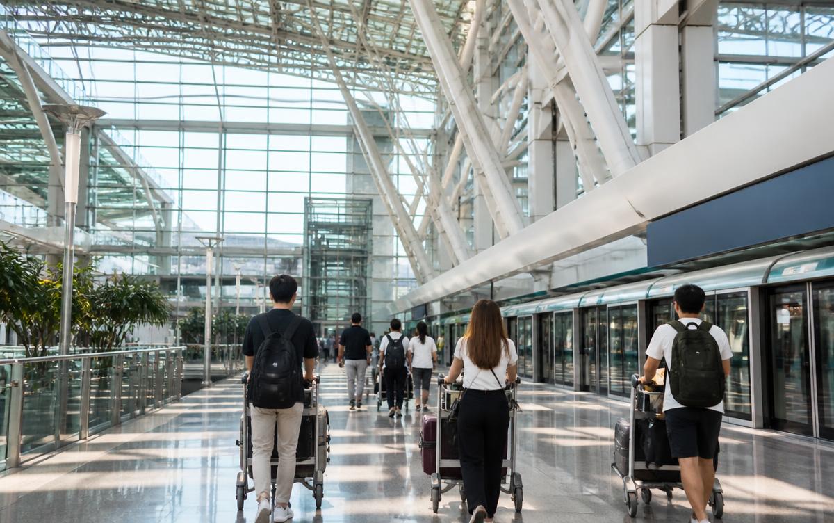 Travellers with luggage heading to the airport train at Incheon International Airport