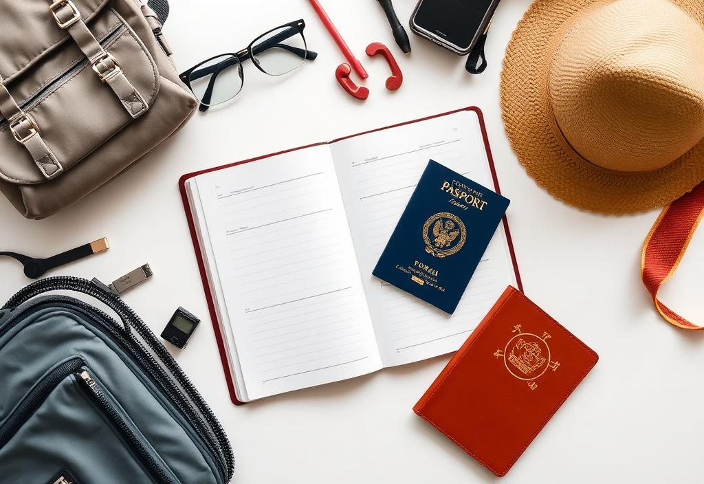 Open travel notebook, passport and packing essentials arranged on a white desk.