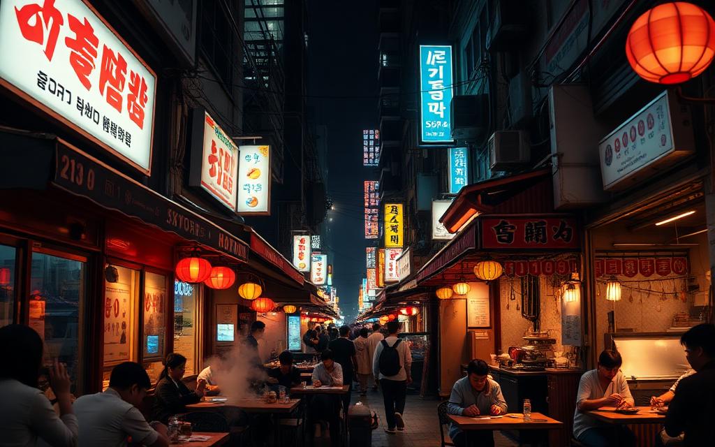 Busy Korean food street at night