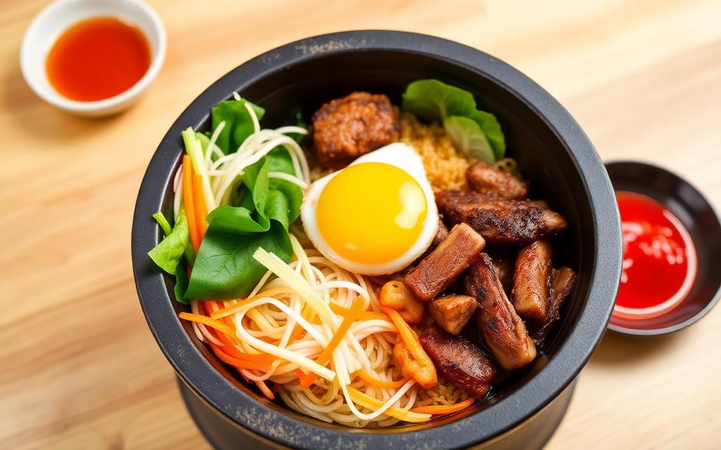 Bibimbap rice bowl with vegetables and egg