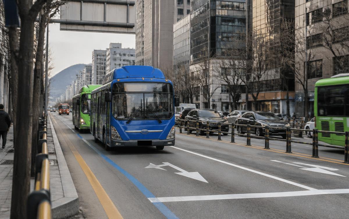 Blue and green Seoul city buses in a dedicated median bus lane
