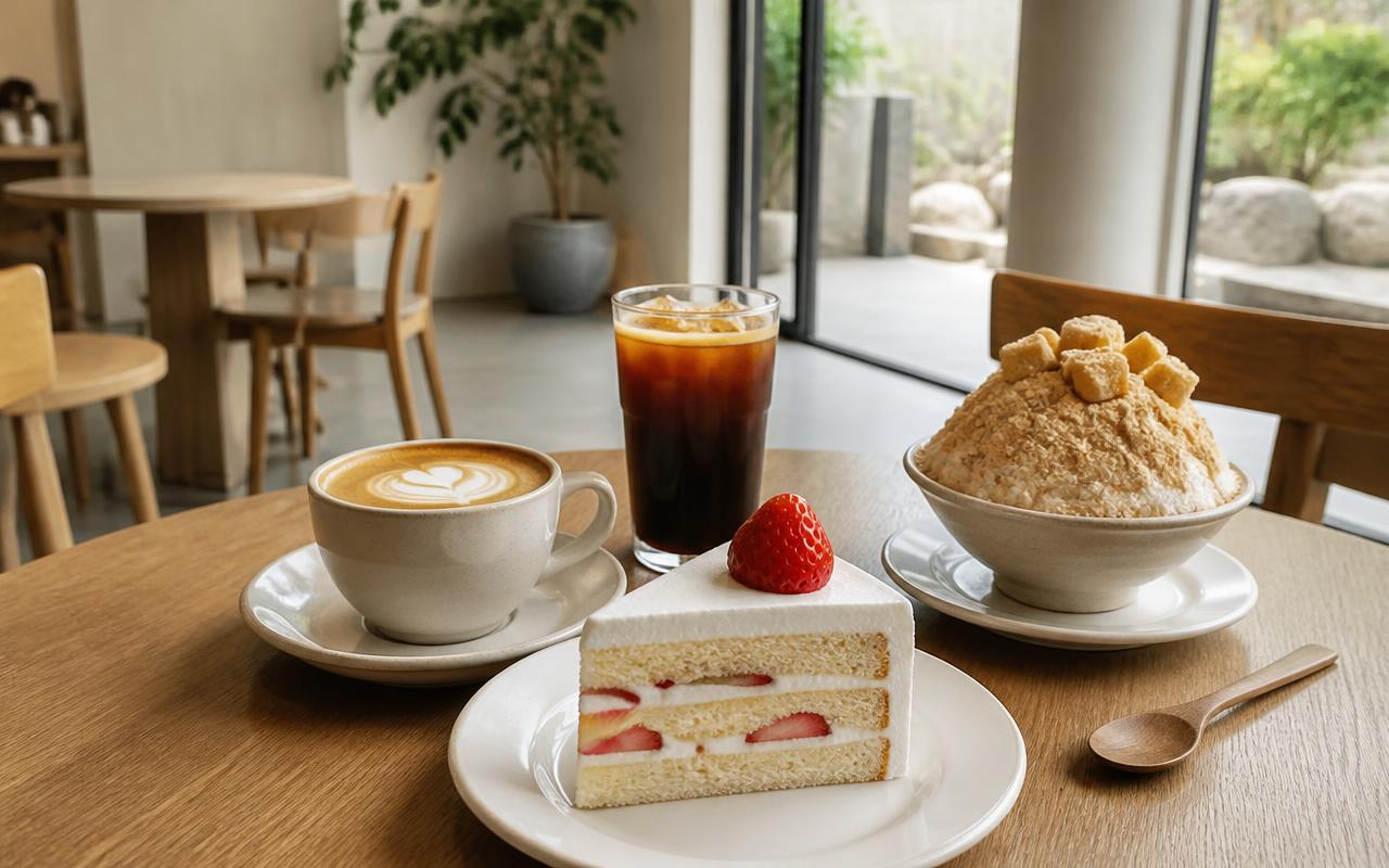 Modern Korean café interior with coffee and desserts