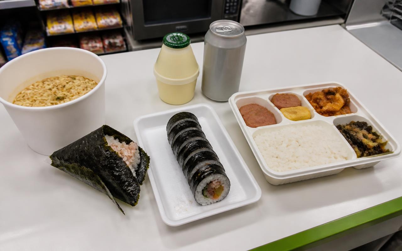 Korean convenience store meal with ramen, gimbap and dosirak