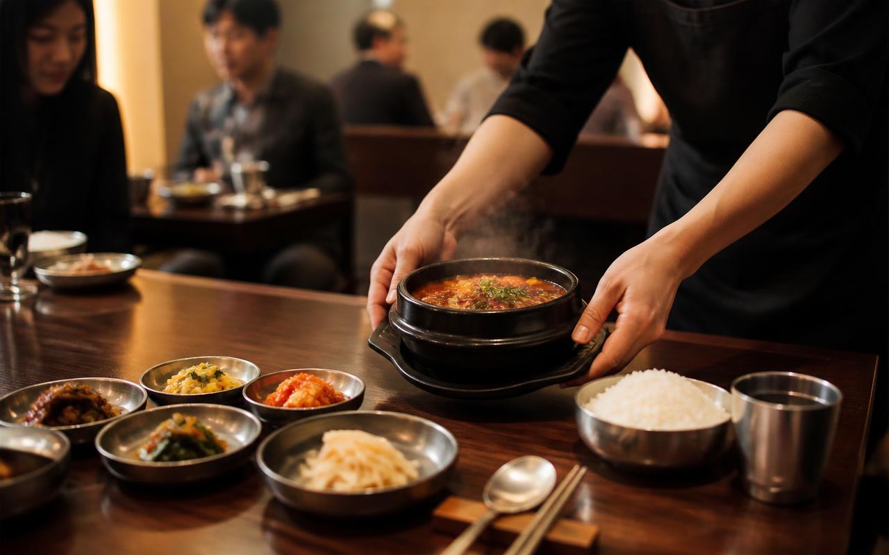 Server placing a hot stew on a table set with rice and side dishes in a Korean restaurant