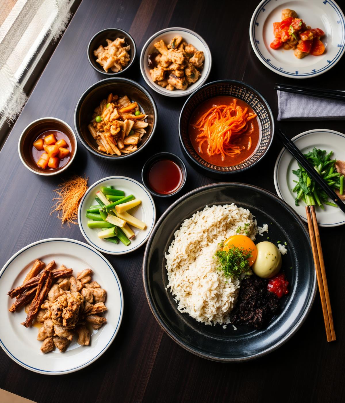 Overhead view of a home-cooked Korean meal with bibimbap, side dishes and sauces