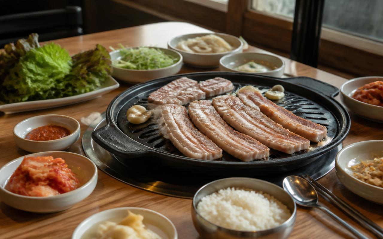 Korean barbecue grill with pork belly and banchan side dishes on a wooden table