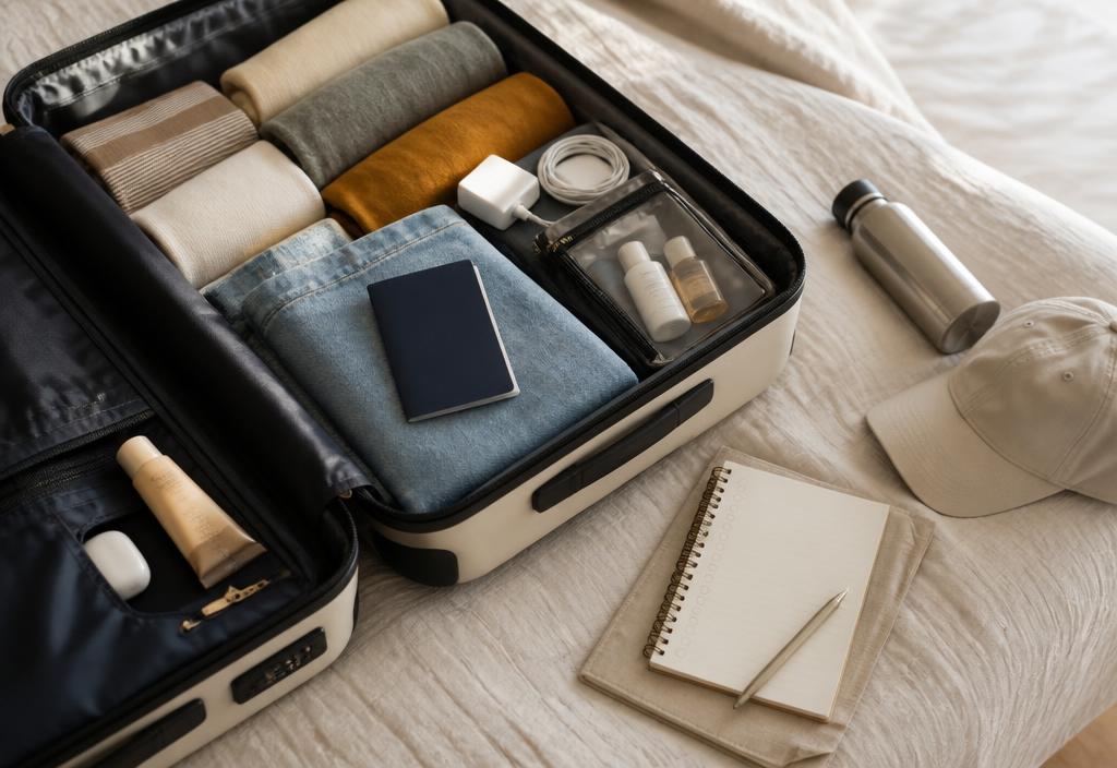 Neatly packed suitcase with passport and travel essentials