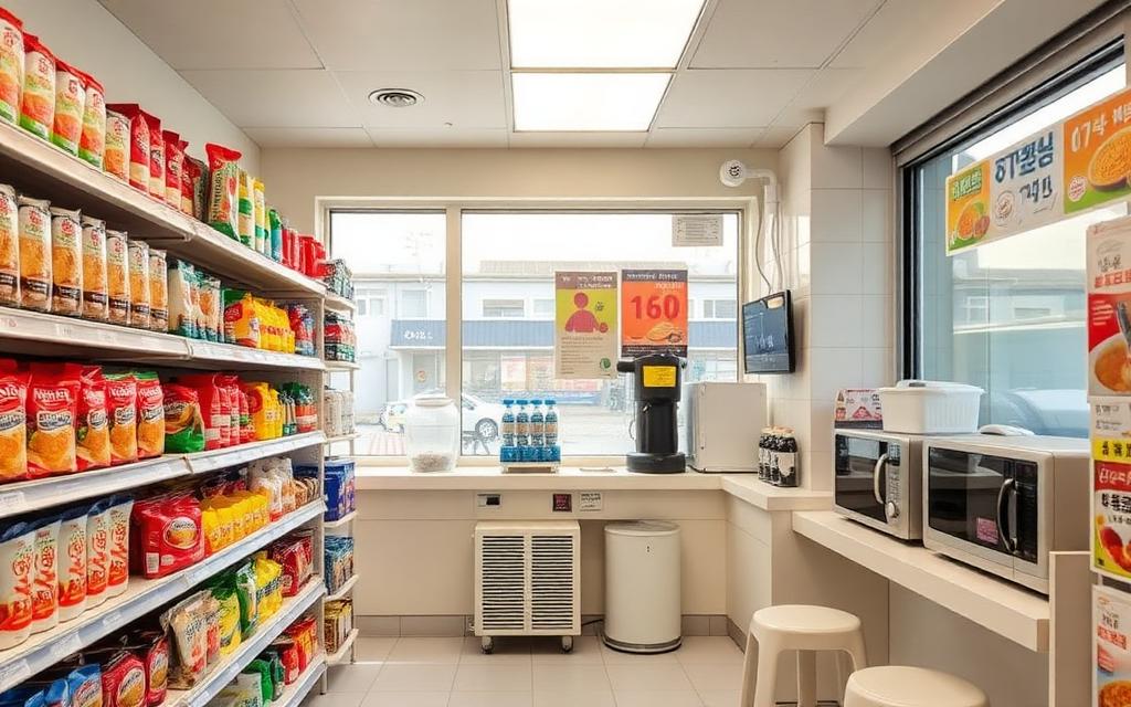 Bright Korean convenience store aisle and counter