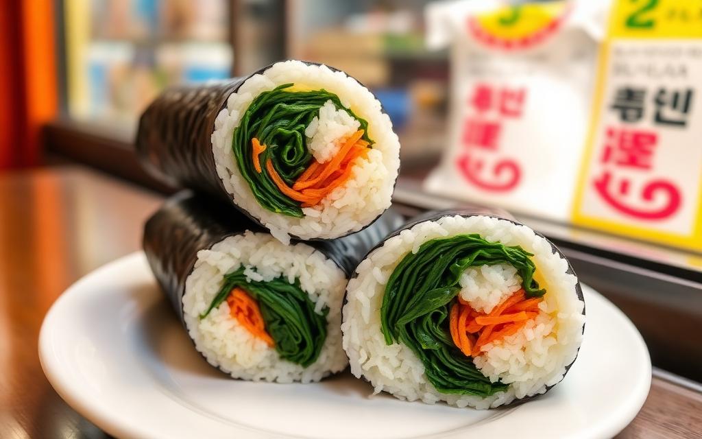 Sliced gimbap rolls on a plate