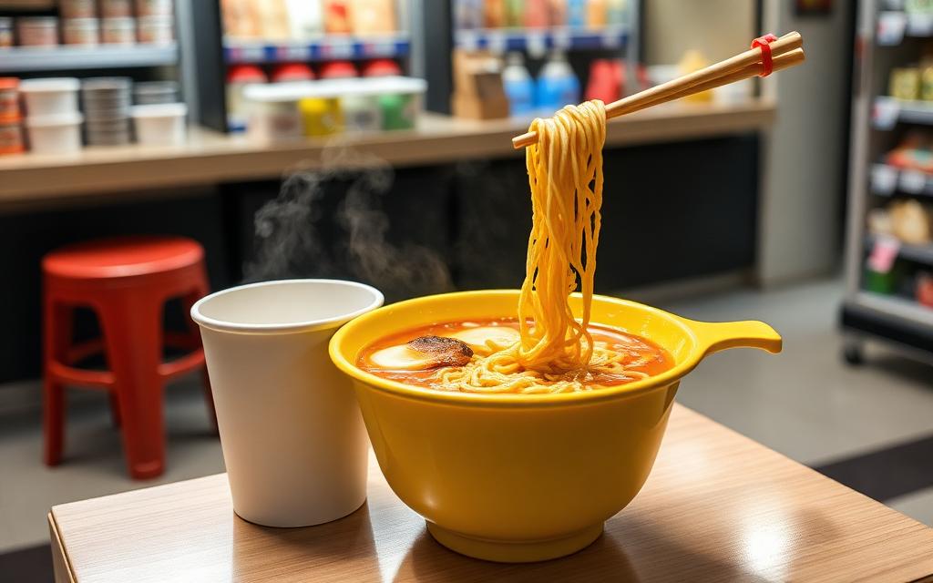 Instant ramen prepared at a convenience store counter