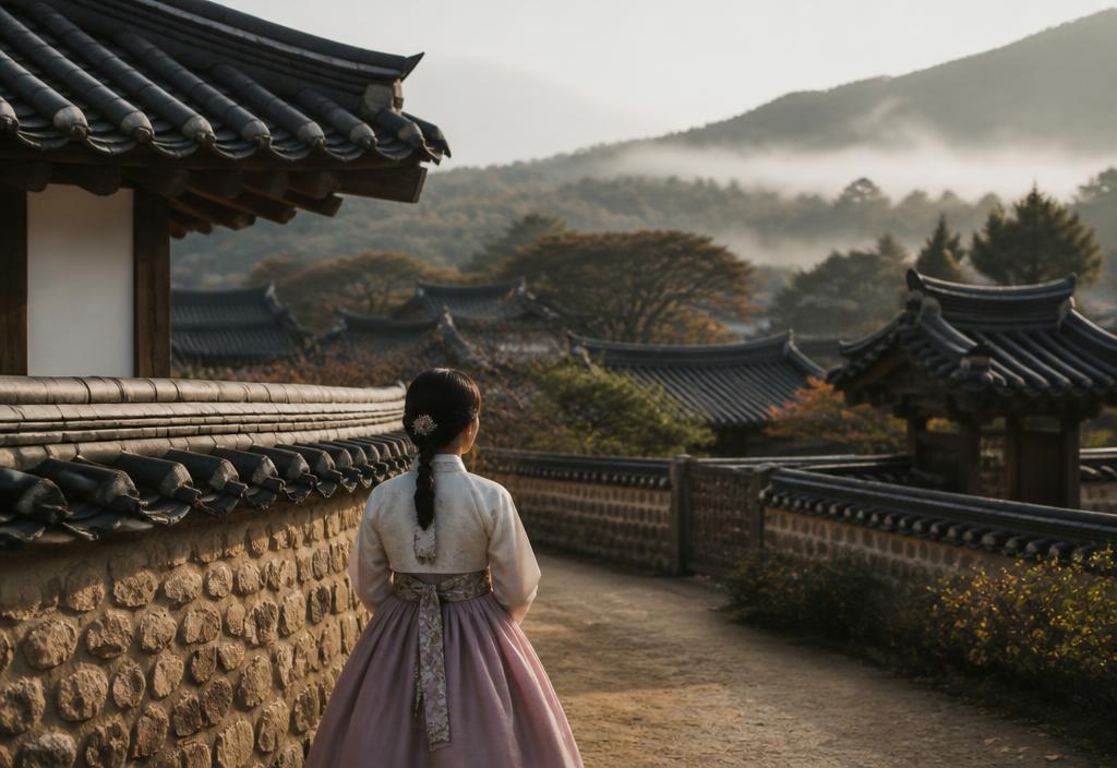 Woman in hanbok walking through a misty Korean hanok village