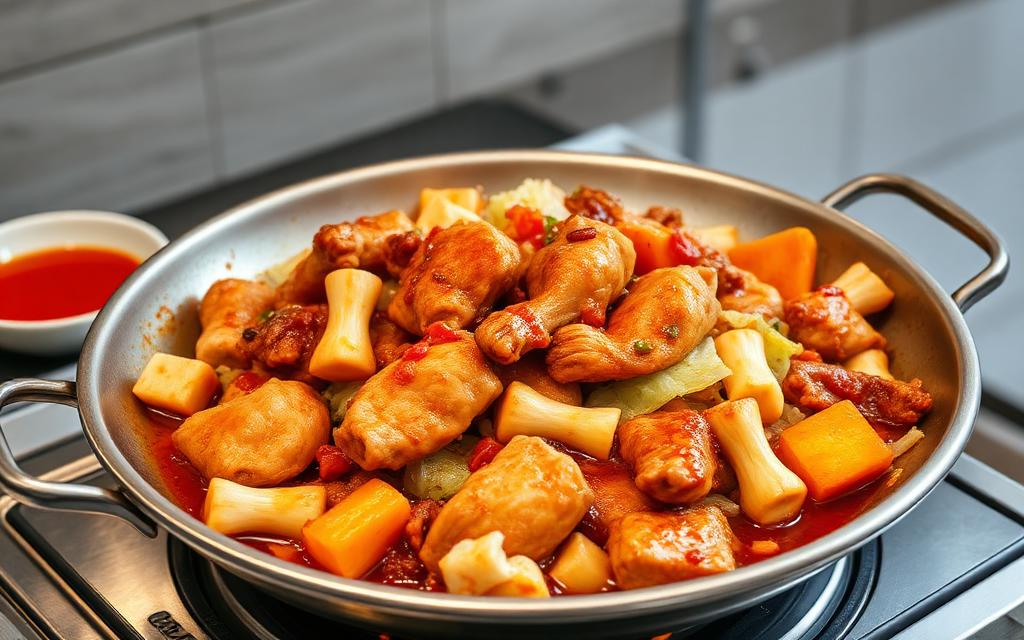 Spicy dakgalbi chicken stir-fried in a wide pan