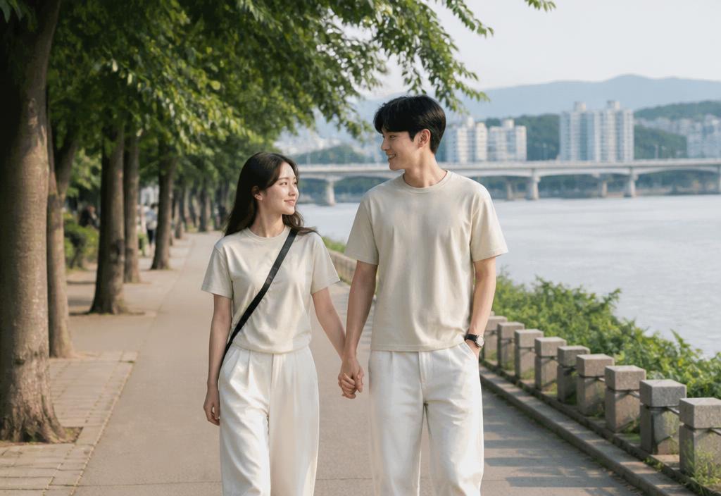 Young Korean couple walking hand in hand along a Han River riverside path.