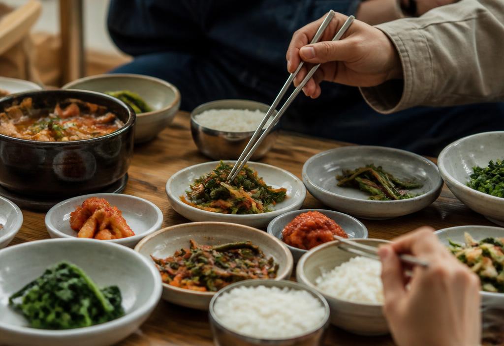 Hands using metal chopsticks over a Korean table filled with shared banchan side dishes.