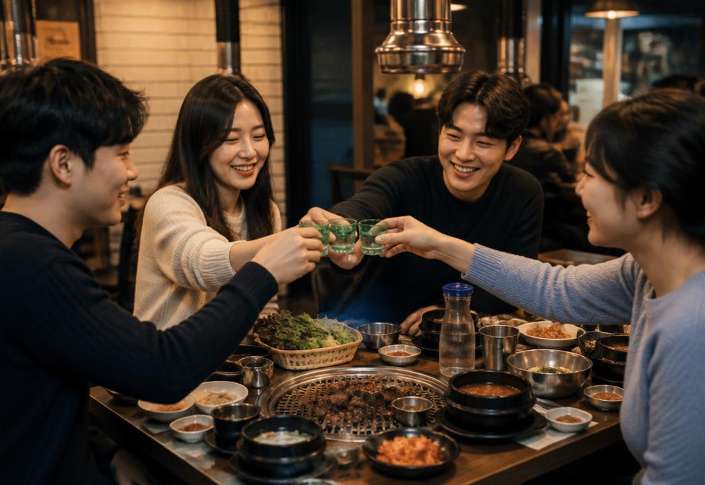 Korean friends toasting small soju glasses at a barbecue table in the evening.