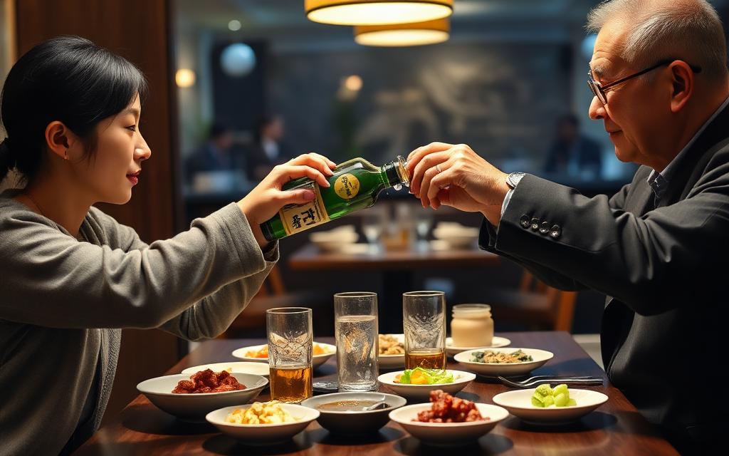 Pouring a drink with two hands at a Korean table