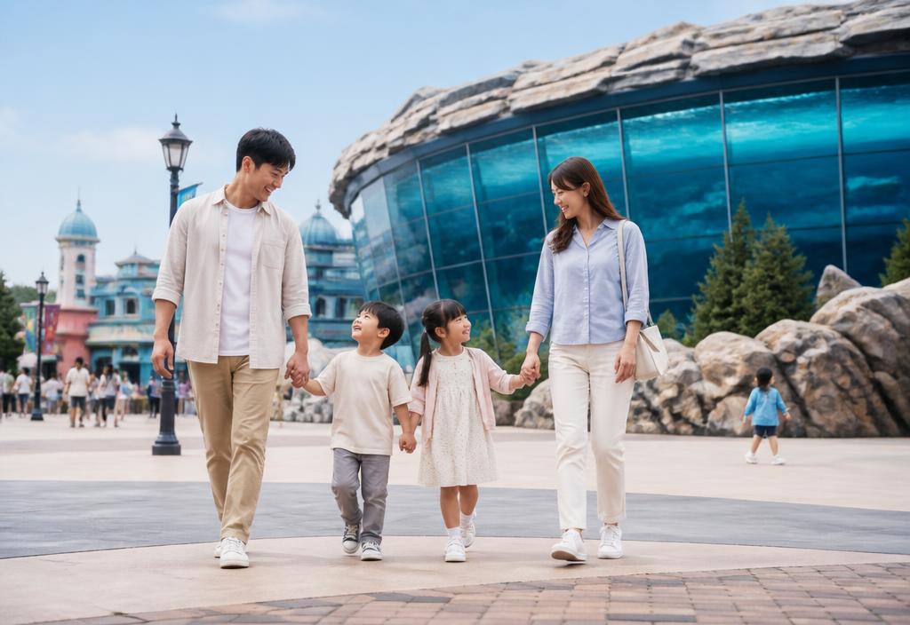Family with two children walking through a Korean theme park and aquarium plaza