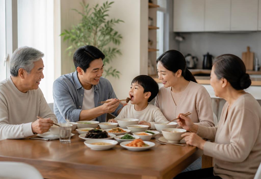 Three generations of a Korean family sharing a meal together at home.
